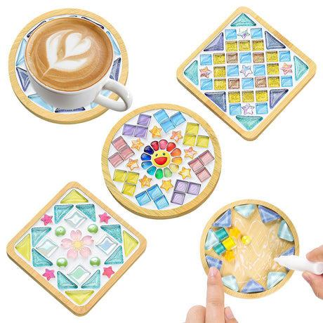 UXORSN 4 Sets DIY Mosaic Tiles for Crafts Mixed Color Glass Mosaic Kit with Bamboo Coaster Mosaic Crafts Kits for Adults Handmade Coasters Making Set for Home Decoration Art Christmas Gifts UXORSN