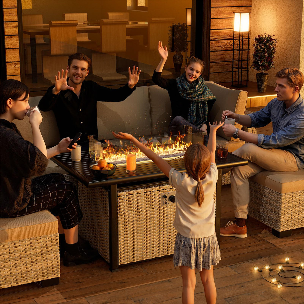 Muphyers 10-Piece Outdoor Patio Furniture Set with Rocking Swivel Chair, PE Wicker Rattan Sectional Sofa Patio Conversation Set with 55,000 BTU Fire Pit Table & Coffee Table, White Muphyers