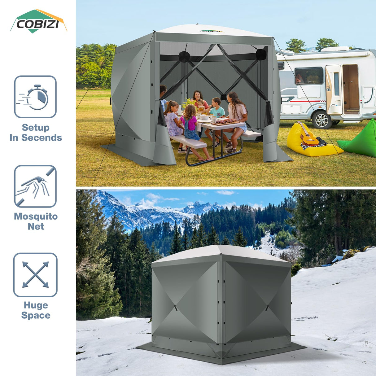 COBIZI Pop Up Gazebo Screen Tent Screen House for Camping, 10x10 Screen Room with Mosquito Netting, Hub Tent Instant Screened Canopy with Carrying Bag and Ground Stakes, Gray COBIZI