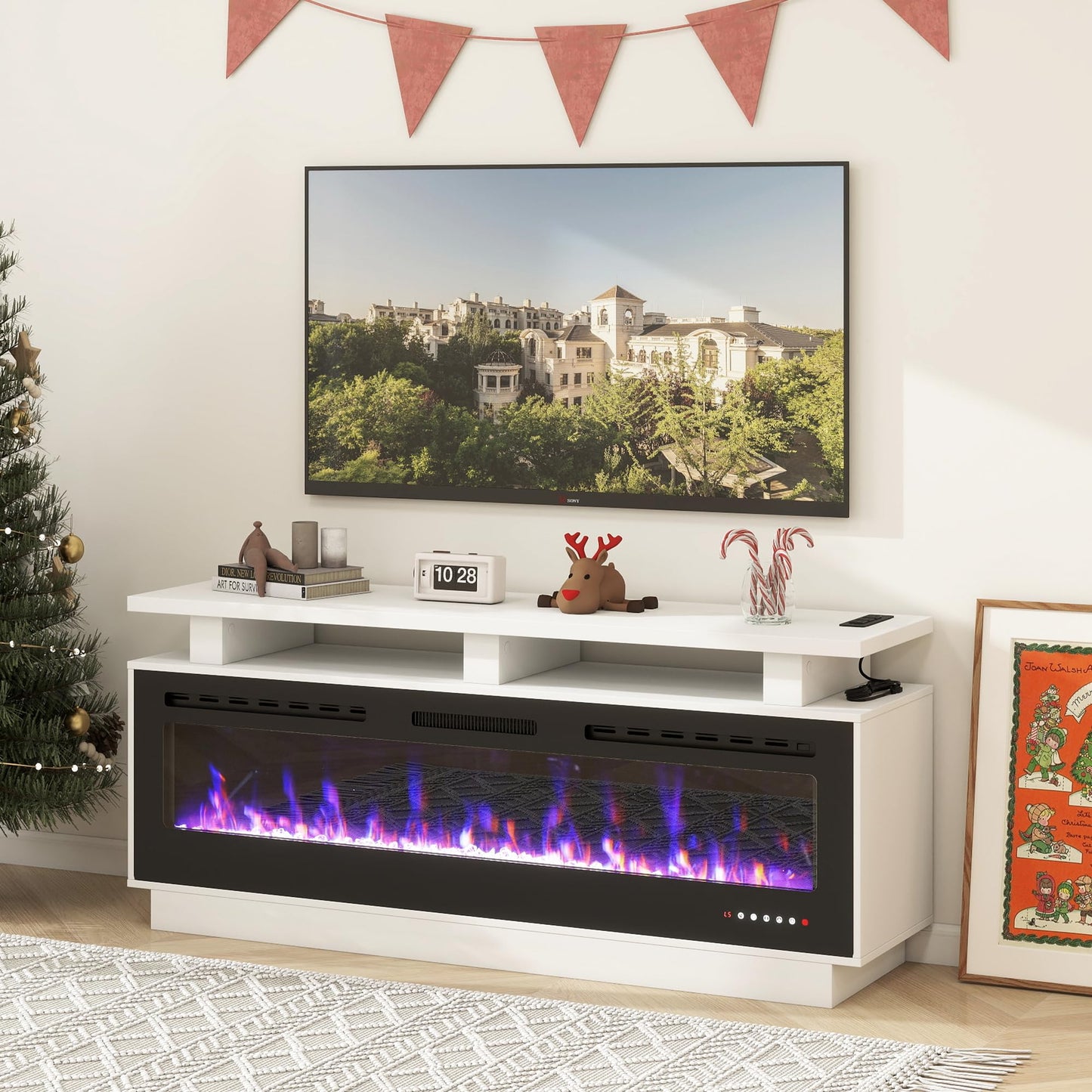 Fireplace TV Stand with 60" Electric Fireplace, Solid Wood Fireplace with Mantel, Modern Fireplace Cabinet with Socket for Living Room Farmhouse Entertainment Center (White, 60 “)