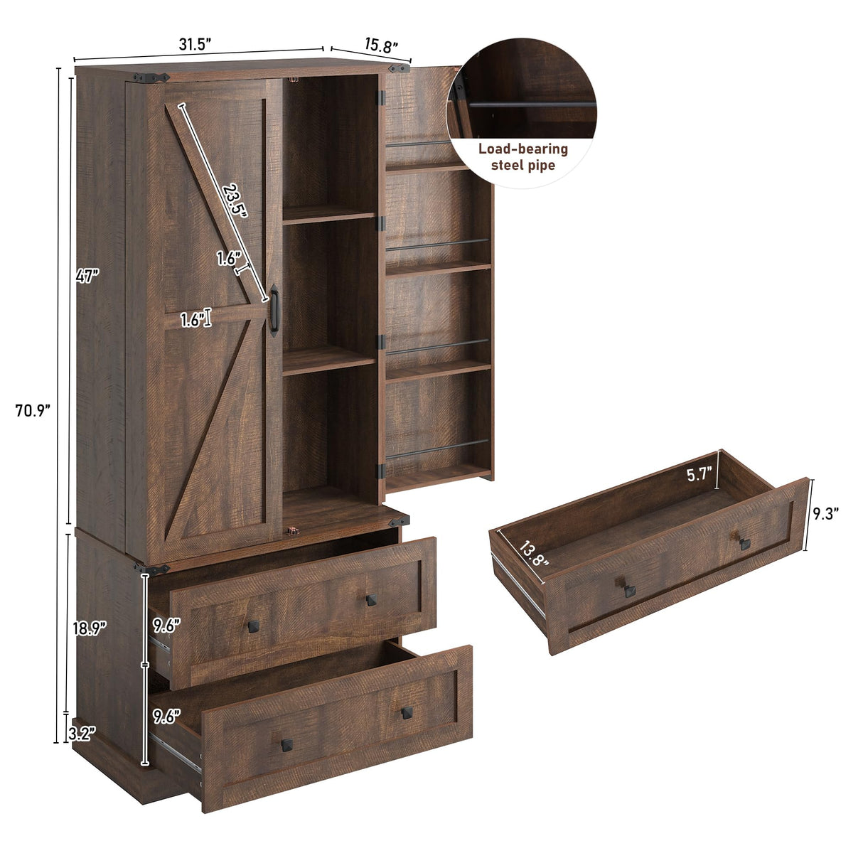 Hlivelood Farmhouse Kitchen Pantry Cabinet, 71" Tall Storage Cabinet with 2 Barn Doors & 2 Drawers, Large Farmhouse Kitchen Cupboard with Adjustable Shelves, Dining Room, Living Room, Rustic Brown Hlivelood