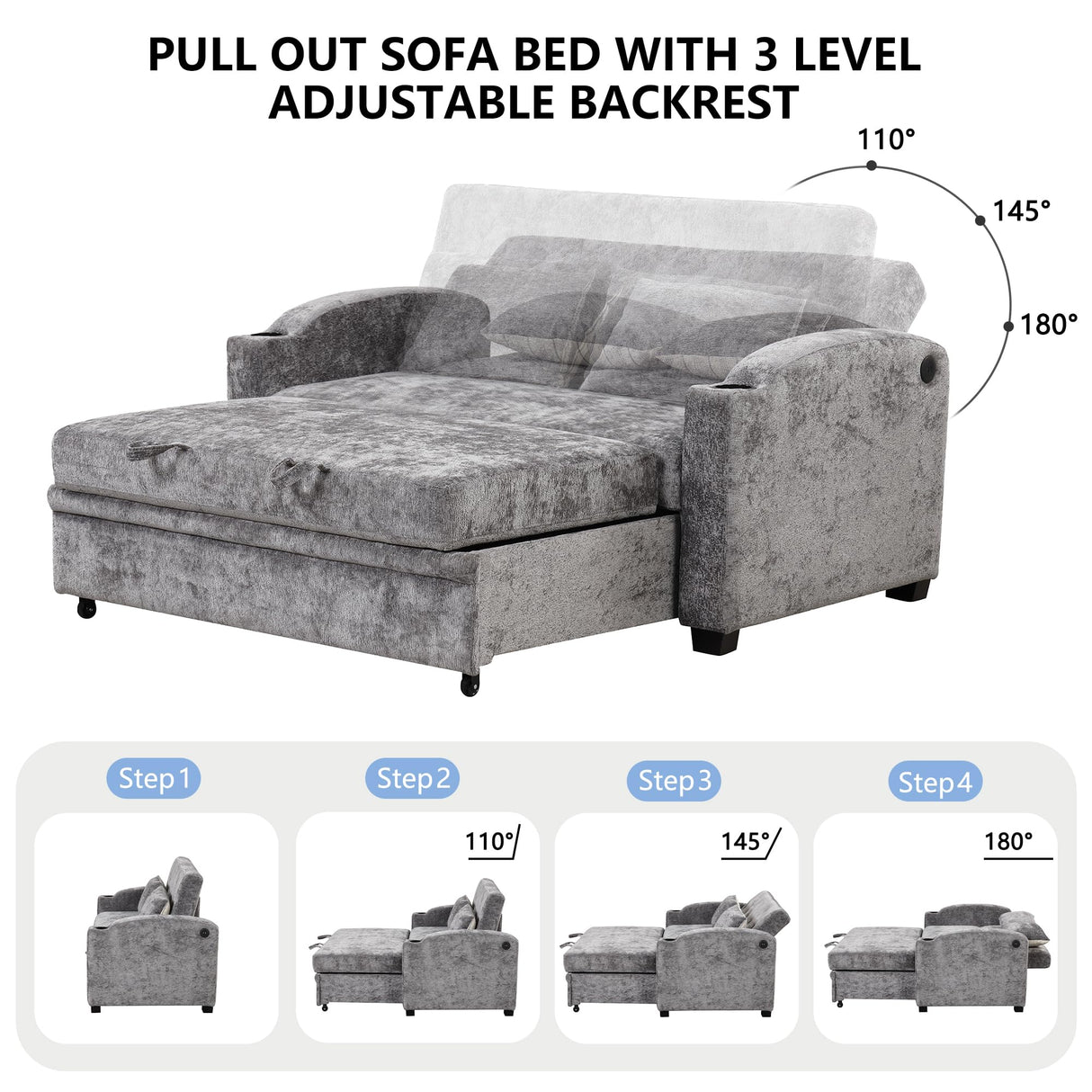 Merax 61.6" Pull Out Sleeper Sofa Bed, Modern Chenille Convertible Loveseat Sofa with Adjsutable Backrest, 2 Pillows, Cup Holders, USB Ports for Living Room, Apartment, Gray Merax