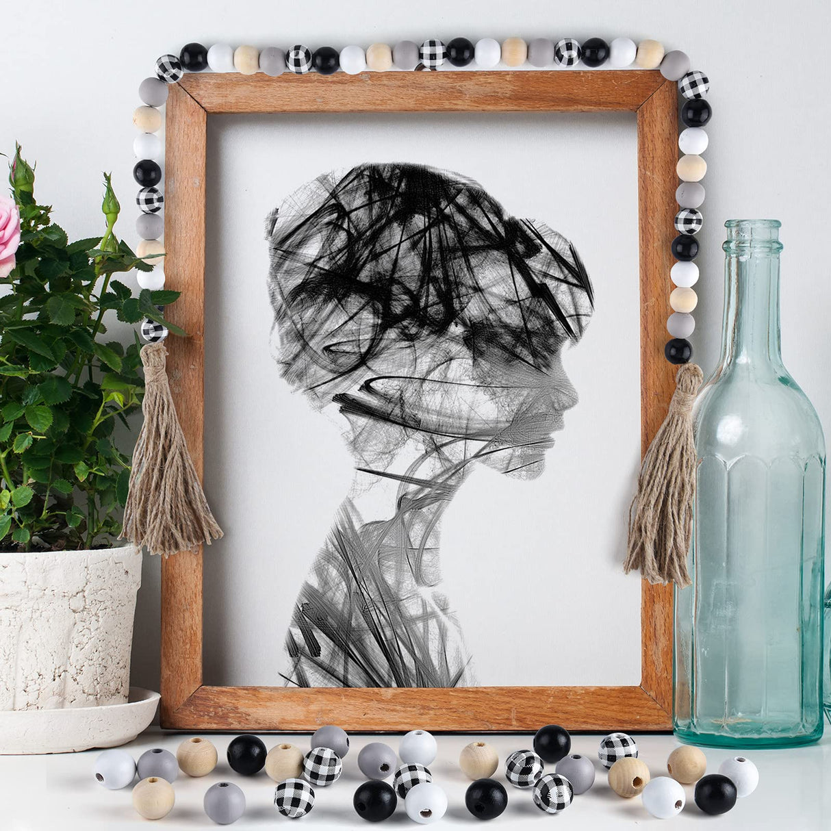 FEPITO 250 Pcs Plaid Wood Beads 16mm Farmhouse Checked Print Wood Beads Natural Buffalo Craft Wood Beads for Decoration Home Decor DIY Craft Supplies FEPITO