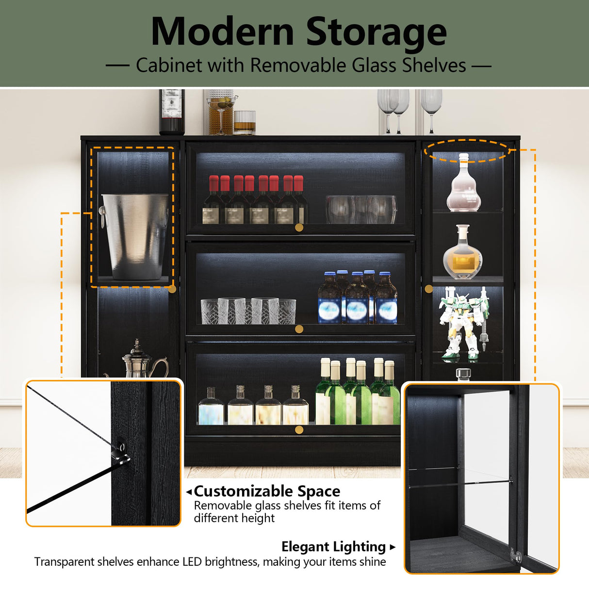 BONITURE Display Cabinet with Acrylic Glass Doors,Extra Wide Curio Cabinet with LED Lighting for Collectibles, Collectibles Toy Organizers Rack & Display Shelf Display Case, Black BONITURE