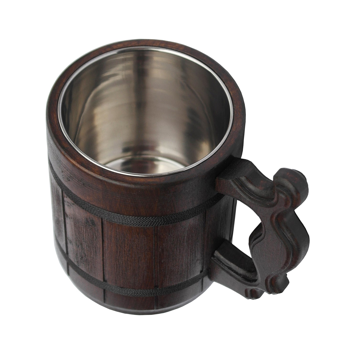 Etno Motif Handmade Wood Mug 20 oz Stainless Steel Cup Carved Natural Beer Stein Old-Fashioned Brown - Wood Carving Beer Mug of Wood Wooden Beer Tankard Capacity: 20oz (600ml) - Great Gift Id - WoodArtSupply