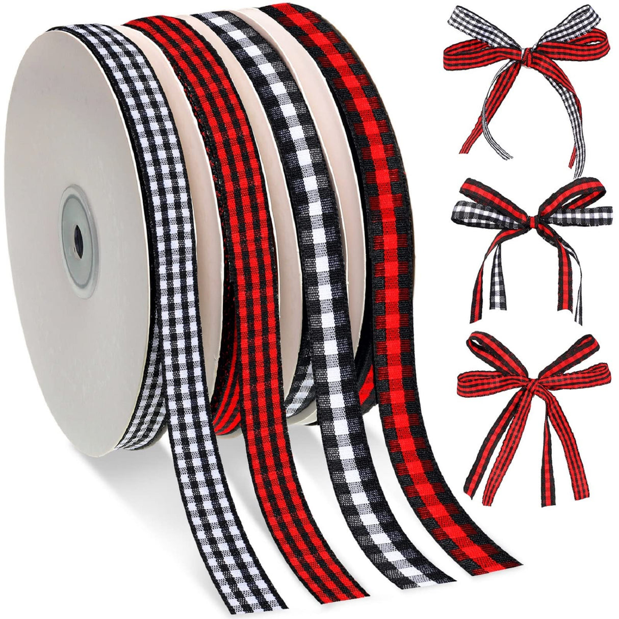 Chuangdi 4 Rolls 200 Yards Christmas Buffalo Plaid Checkered Ribbon Black White and Red Gingham Ribbon 3/8 Inch Wide Edge for DIY Crafts, Present Wrapping, Hair Bows, Holiday Decoration Chuangdi