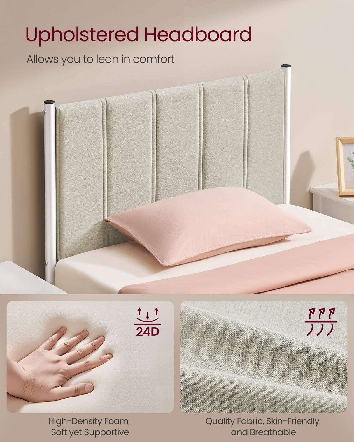 VASAGLE Twin Bed Frame with Upholstered Headboard, Metal Bed Frame Twin Size with Footboard, 550 lb Weight Capacity, Steel Slats, Easy Assembly, No Box Spring Needed, Cappuccino Beige URMB983W01V1 VASAGLE