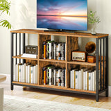 HOOBRO 6 Cube Bookcase, Industrial Horizontal Bookshelf, Wooden and Metal Cubby Bookcase, Long Shelving Unit for Living Room, Bedroom, Home Office, Rustic Brown and Black BF117SJ01 HOOBRO