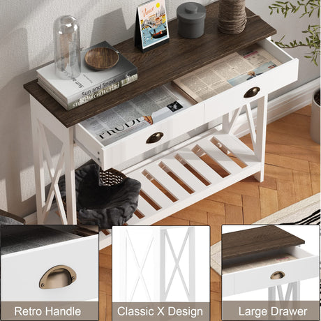 ChooChoo Farmhouse Console Table with Drawer for Entryway, Narrow Long Entry Table with Shelf for Living Room, Rustic Vintage Hallway Sofa Table with Stable X Supports, 40 White ChooChoo
