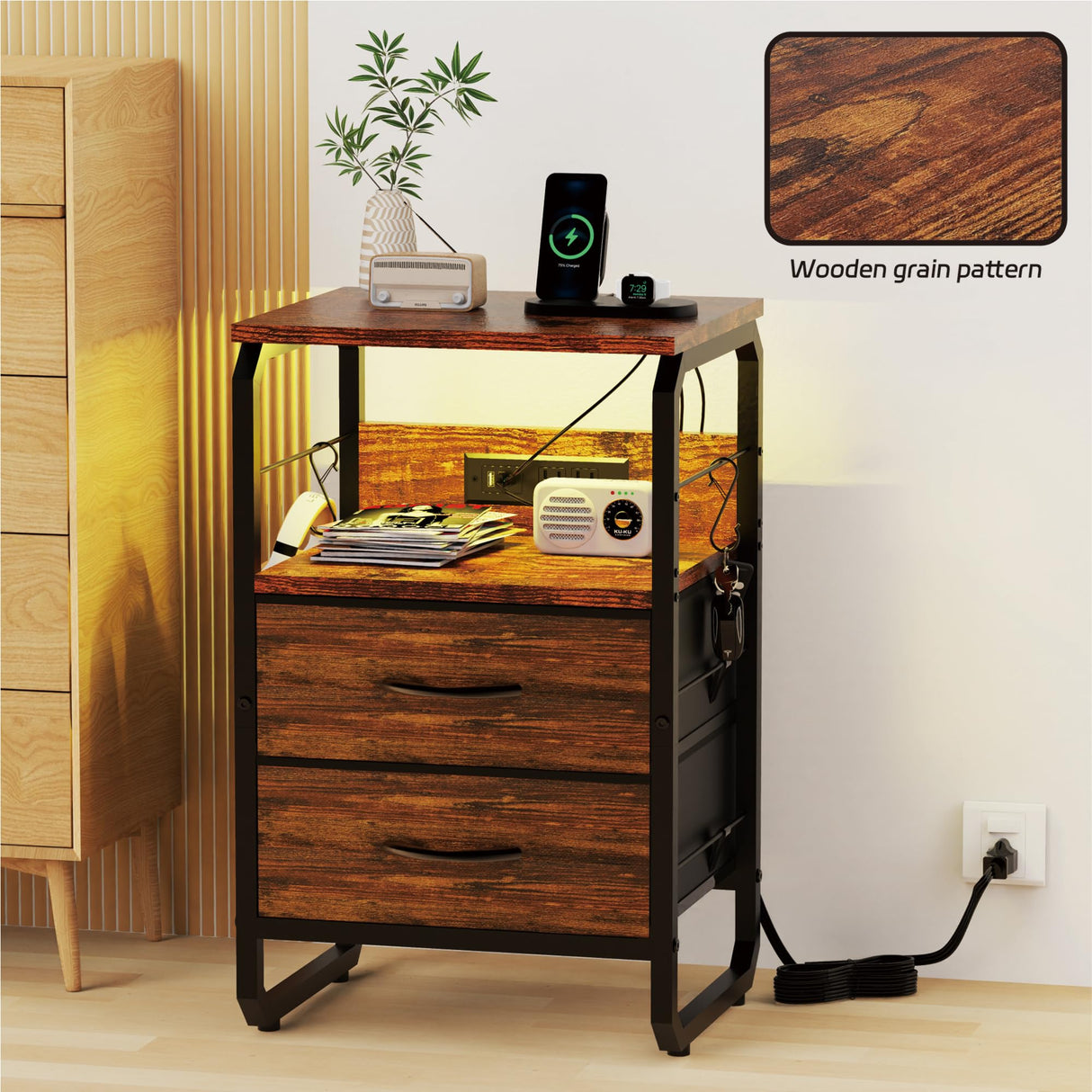 runjuly LED Nightstand, Bed Side Table with Storage, End Table with Drawers & Hooks, Bedside Table with Charging Station, AC Outlets, USB C Ports, Rustic Brown Night Stand Table for Living Room, Dorm runjuly