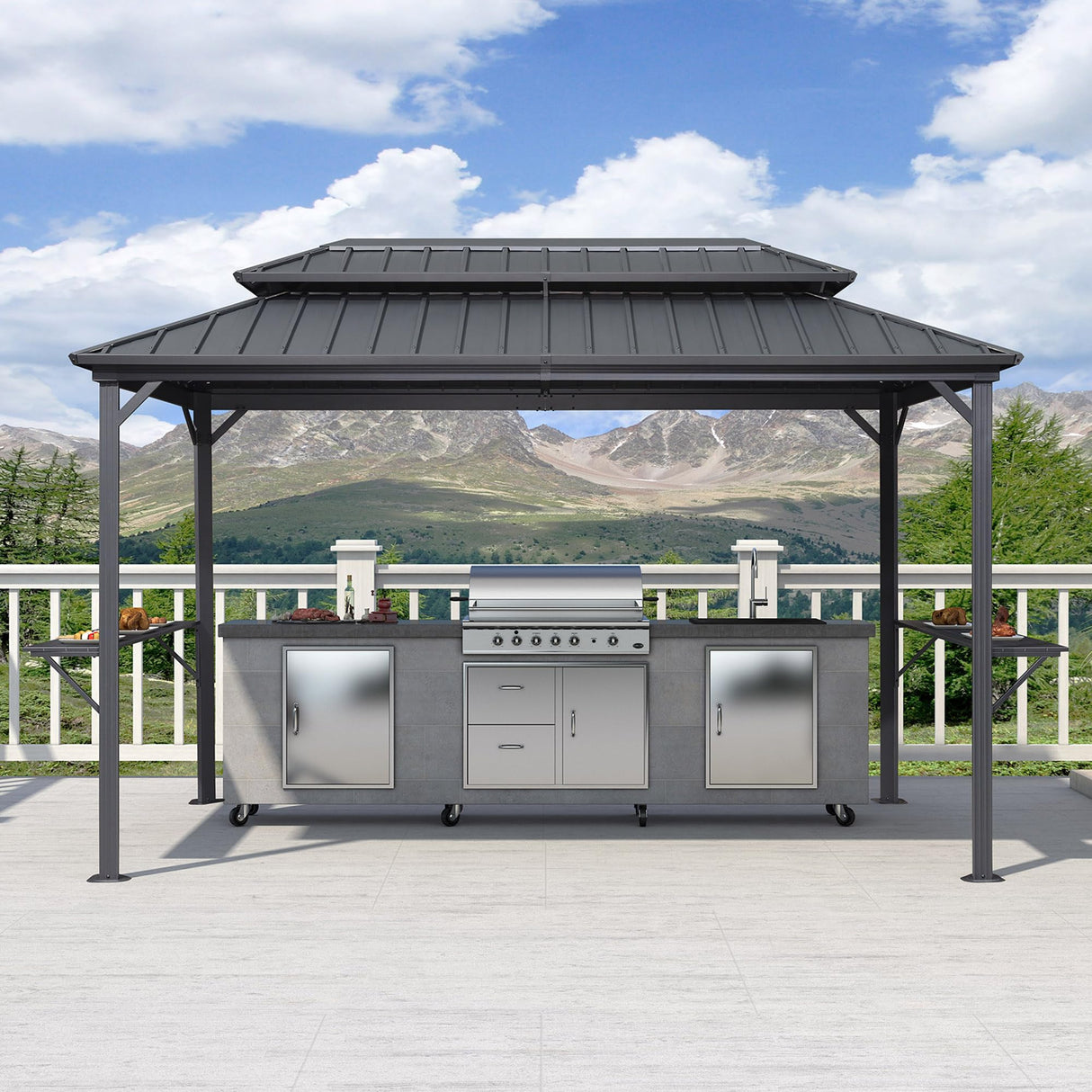 PURPLE LEAF 6.5' X 12' Hardtop Grill Gazebo for Patio Permanent Aluminum Barbeque Shelter Gazebo Canopy with Ceiling Hook and Shelves Double Tiered Grey Outdoor BBQ Gazebo PURPLE LEAF