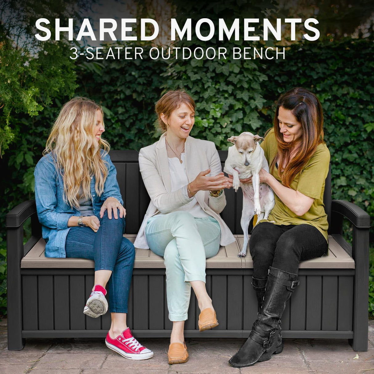 EconoHome 3 Seat Outdoor Storage Bench - 90 Gallon Capacity - Weatherproof Resin Bench for Patio, Porch, Garden, Yard, Pool Area - Furniture for Pool Accessories, Gardening Tools, Toys EconoHome