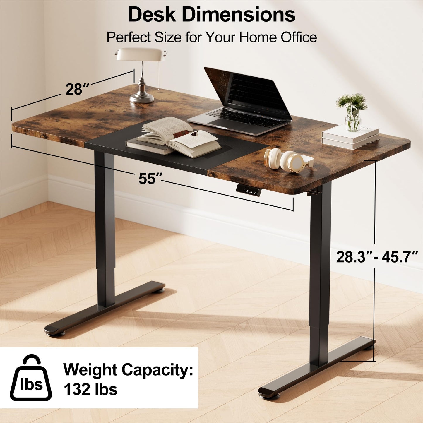 WOKA Electric Height Adjustable Electric Standing Desk, 55 x 28 Inch Sit Stand Desk with Memory Controllers, Stand up Desk for Home Office, Rustic Brown and Black Tabletop - WoodArtSupply