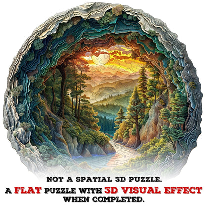 Wooden Puzzles for Adults, 3D Vision Effects Cave Forest Wooden Jigsaw Puzzles for Adults, Unique Shape, Hill Sunset Forest Trail Landscape Wood Puzzles Adult, Home Decor (S-8.5 * 8.4in-100 pcs)