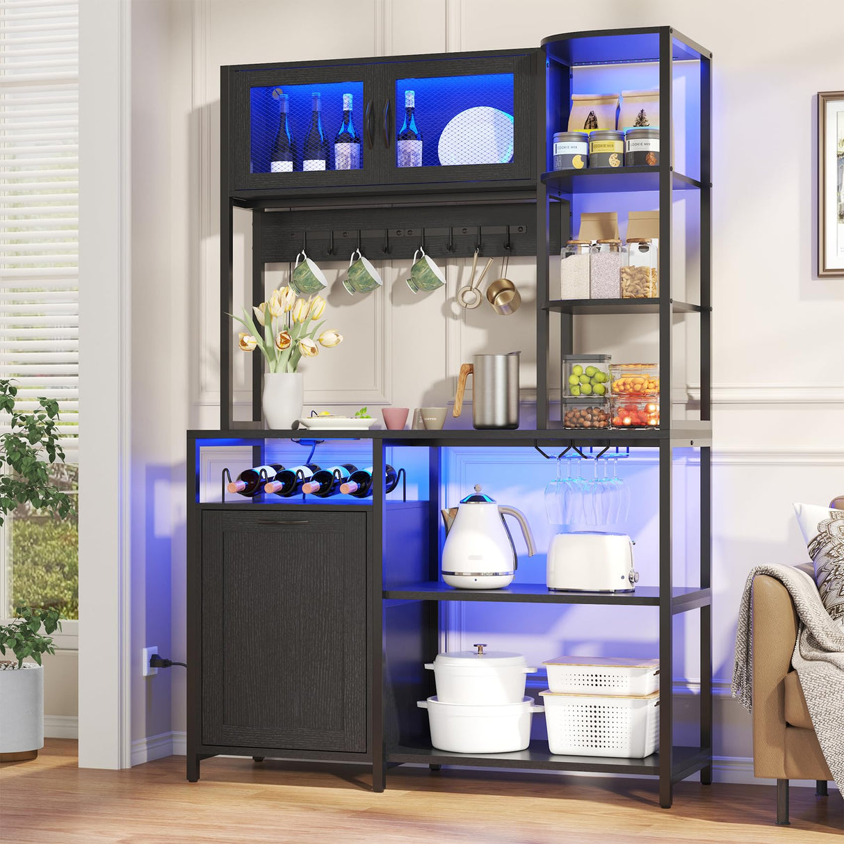 Lafnest Bakers Rack with Power Outlet and LED Light, 6-Tier Commercial Bakery Racks, Kitchen Microwave Stand with Storage Cabinet, Kitchen Tilt Out Trash Cabinet, 15.8" D x 42.5" W x 67.8" H, Black Lafnest