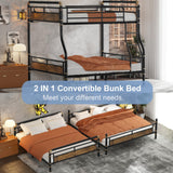 Full XL over Queen Bunk Beds for Teens or Adults ,Industrial Heavy-Duty 2 IN 1 Metal Convertible Bunk Bed with Ladder and Slats Support ,15.9" High Guard Rail,Space-Saving ,Noise Reduced,Black Mirightone