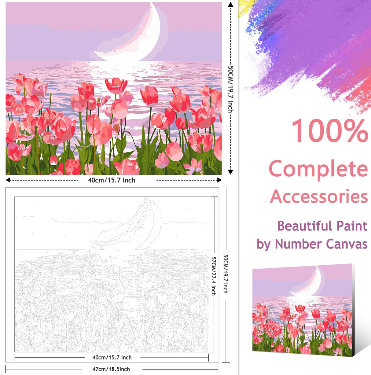 SANYUN Paint by Numbers Kit for Adults Beginners,Pink Tulips Painting by Numbers,Flowers & Moon Easy Acrylic on Canvas, Suitable for Home Wall Decor and Gifts 20x16inch SANYUN