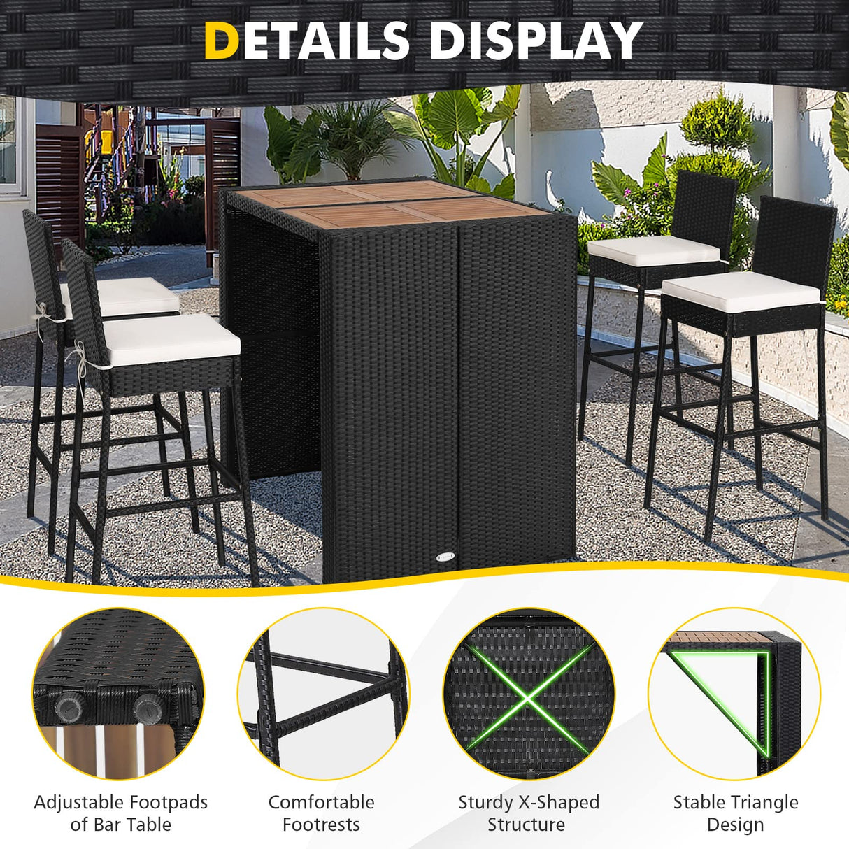 HAPPYGRILL 5 Pieces Rattan Outdoor Bar Set with Height Table & 4 Cushioned Bar Stools, Patio Bar Set Wicker Dining Set for Poolside Patio Backyard HAPPYGRILL