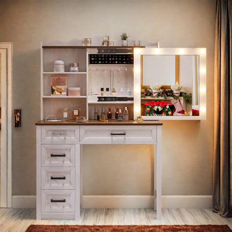 FONTOI Makeup Vanity, Modern Vanity Desk with Sliding Mirror&3-Color Lighting, Vanity Table Set with Charging Station, 3 Open Storage Shelves&5 Drawers, Wood Dressing Table for Bedroom, Vintage White FONTOI