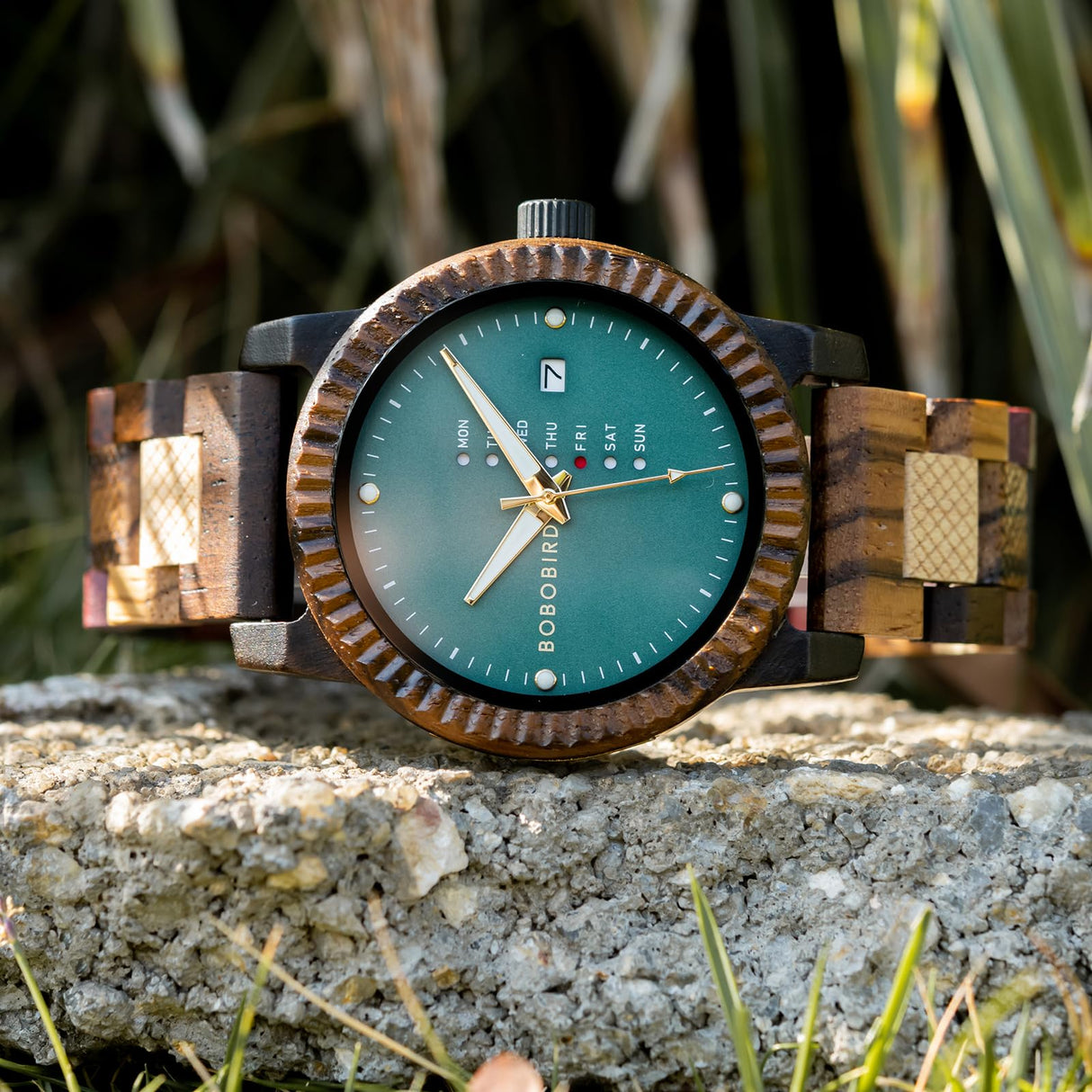 BOBO BIRD Mens Wooden Watch Analog Quartz with Week Display Lightweight Handmade Wood Wrist Watch for Men (Green) BOBO BIRD