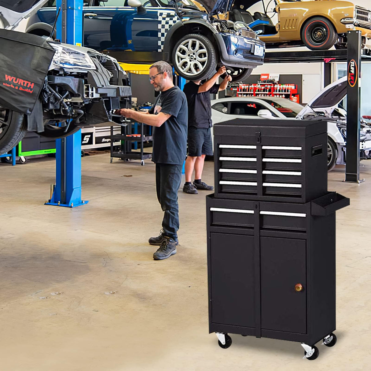 Gornoxblif 5-Drawers Black Tool Chest, 2-in-1 Mechanic Rolling Tool Box Removable Lockable Tool Storage Cabinet, Metal Tool Cart with Drawers and Wheels for Garage, Workshop Gornoxblif