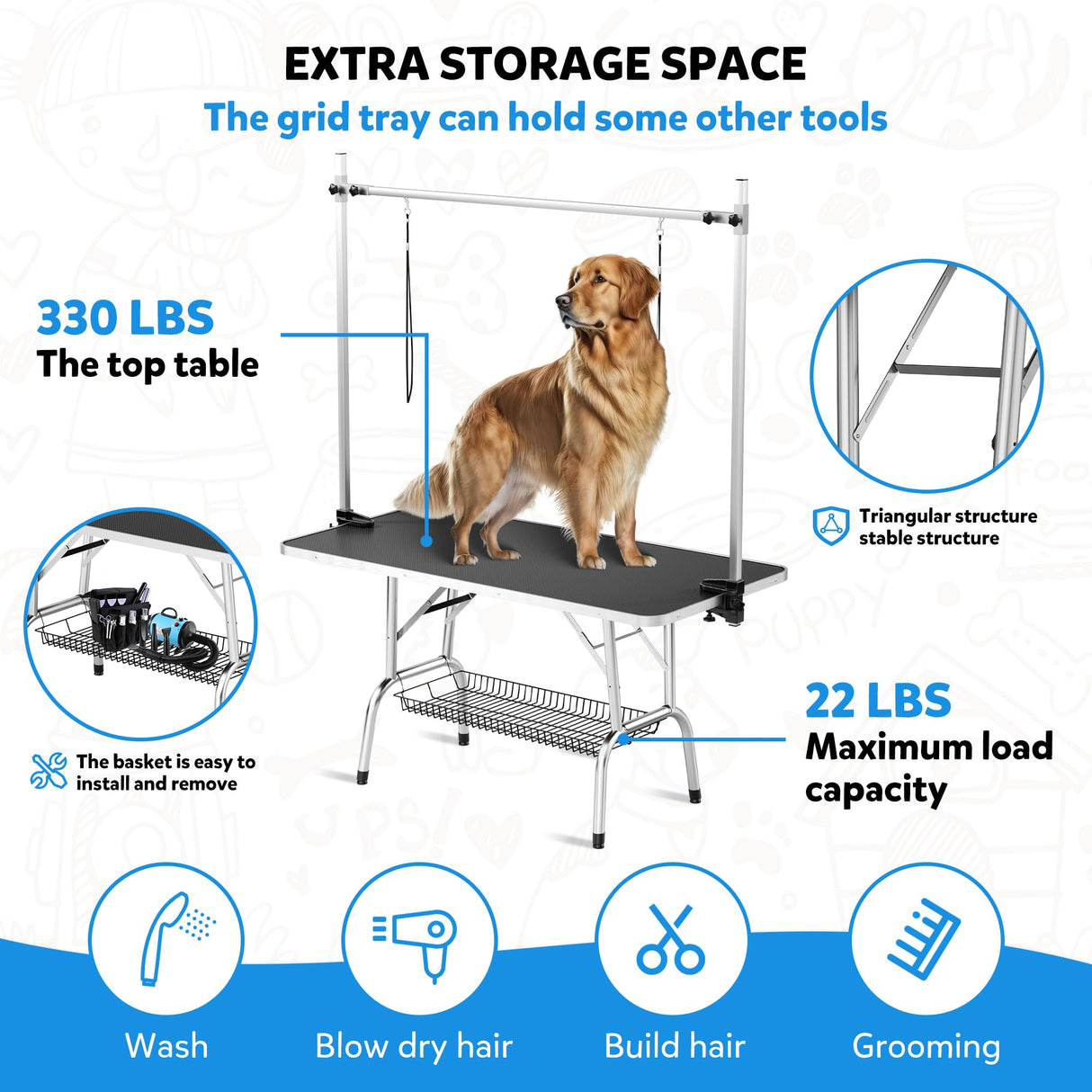 Polar Aurora 46'' Pet Dog Grooming Table,Adjustable Height Heavy Duty Professional Stainless Steel Grooming Table for Dogs at Home for Medium Large Dogs w/H-Shape Arm,2 Nooses,Mesh Tray Polar Aurora