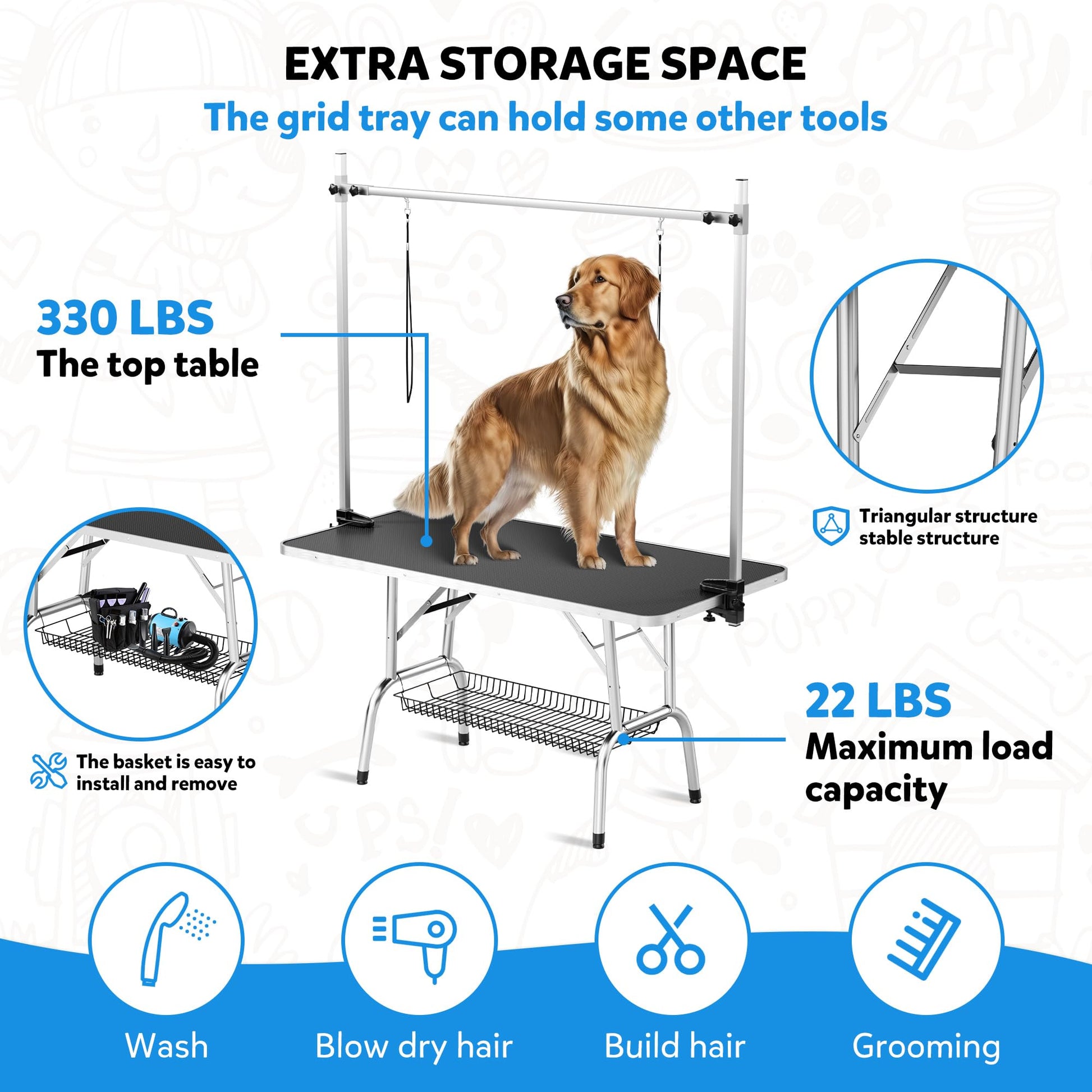 Polar Aurora 46'' Pet Dog Grooming Table,Adjustable Height Heavy Duty Professional Stainless Steel Grooming Table for Dogs at Home for Medium Large Dogs w/H-Shape Arm,2 Nooses,Mesh Tray - WoodArtSupply