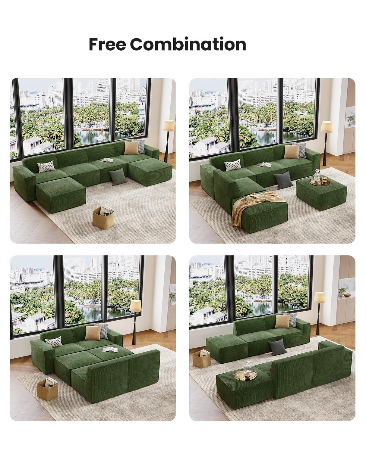 Amada 80" L Shaped Sofa Modular, Corduroy Clopud Couches with Deep Seats &High-Back, Upholstered Couches for Living Room Bedroom with Ottoman, No Assembly Required(2-Seater&1 Ottoman,Green) AMADA HOMEFURNISHING