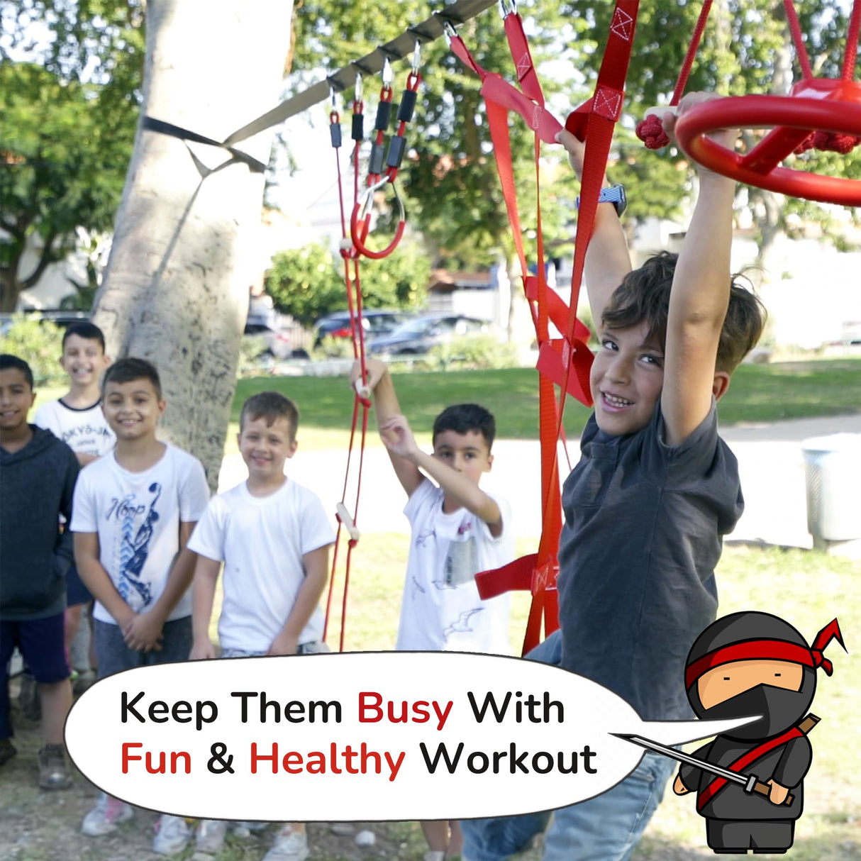 Ninja Obstacle Course for Kids Backyard - 10 Durable Obstacles and 50' Slackline - Outdoor Warrior Obstacle Playset Equipment for Girls & Boys with Monkey Bars, Ladder, Wheel, Gymnastics, Climbing Net NinjaSafe