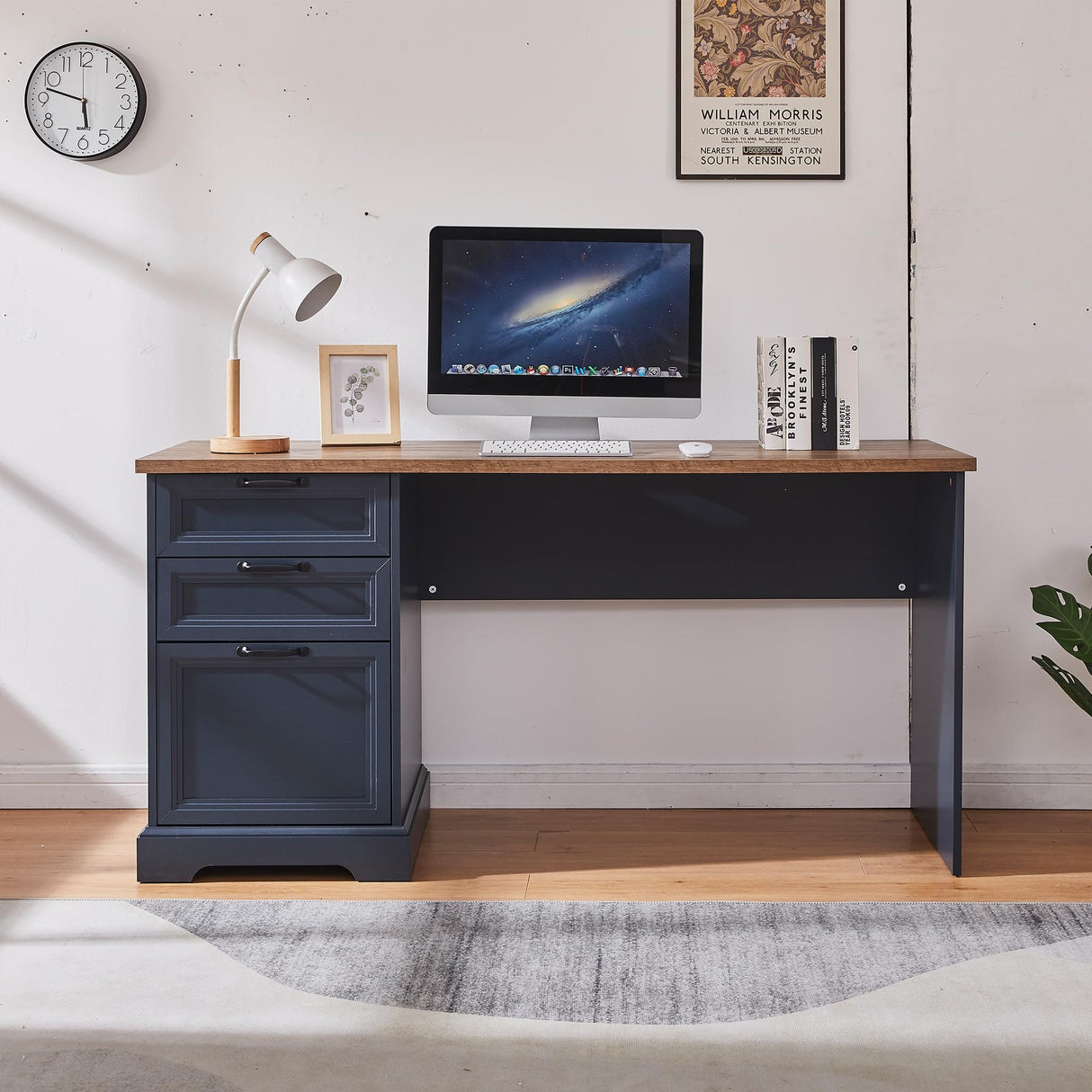 boknight 60" Farmhouse Executive Desk with Charging Station,Home Office Desk with 2 Drawers &1 File Cabinet,Wood Work Desk for Office and Home (Blue) boknight