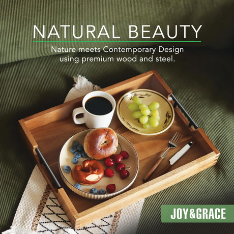 Joy&Grace Acacia Wooden Serving Tray with Metal Handles 16.7 x 12.8 inch Decorative Ottoman Tray for Living Room Coffee Table (Color Natural) Joy&Grace