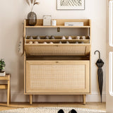 EYYTHUNG Shoe Cabinet with 2 Flip Drawers, Rattan Farmhouse Shoe Organizer, Boho Wooden Hidden Slim Narrow Shoe Rack Cabinet for Entryway, Hallway, Natural Oak EYYTHUNG