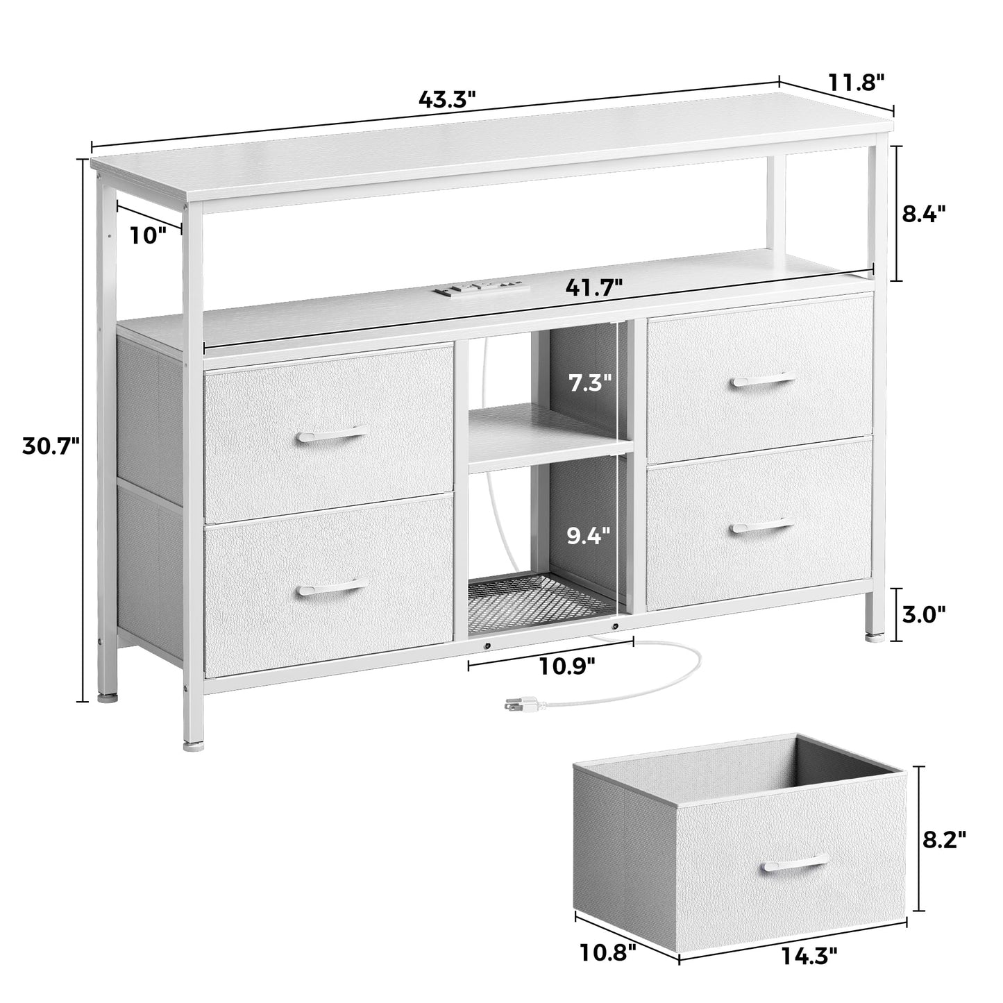 Huuger TV Stand Dresser with Power Outlets and LED Lights, 4 Drawers Entertainment Center with Open Shelf, Media Console for 50 43 Inch TV, Dresser with PU Finish, White