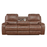 Roundhill Furniture Achern Leather Air Nail head Manual Reclining Sofa with Storage Console, Brown Roundhill Furniture