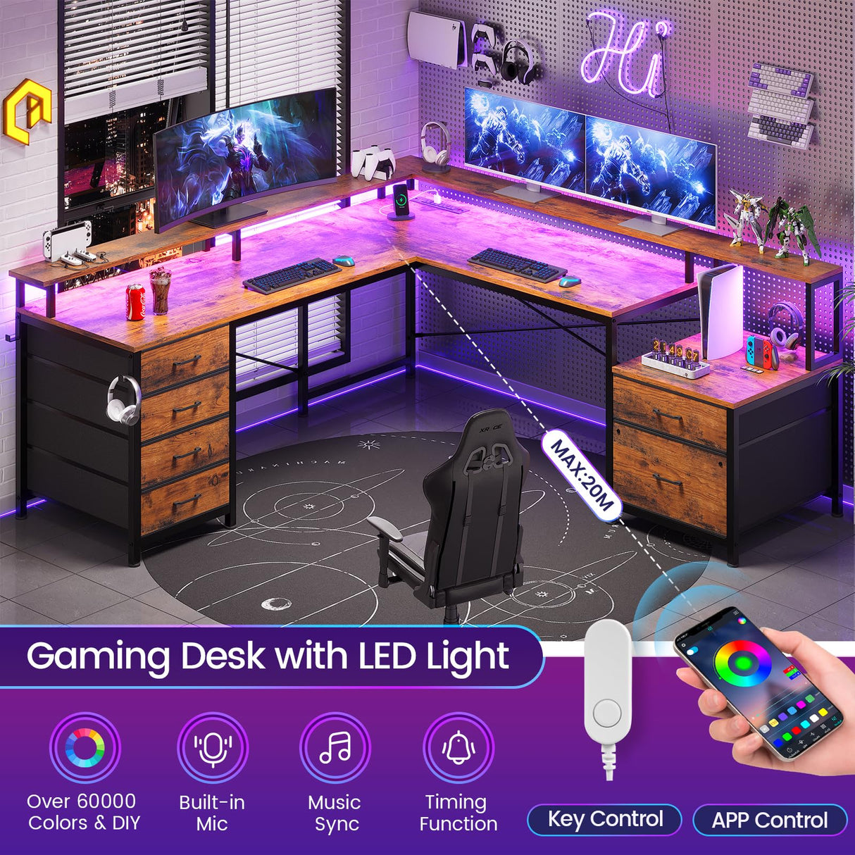SEDETA L Shaped Desk with 6 Drawer, 108" Home Office Desk with File Drawer & Power Outlet, Corner Computer Desk with Monitor Shelf, Two Person Desk, Gaming Desk with Led Lights, Rustic Brown SEDETA