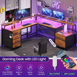 SEDETA L Shaped Desk with 6 Drawer, 108" Home Office Desk with File Drawer & Power Outlet, Corner Computer Desk with Monitor Shelf, Two Person Desk, Gaming Desk with Led Lights, Rustic Brown SEDETA