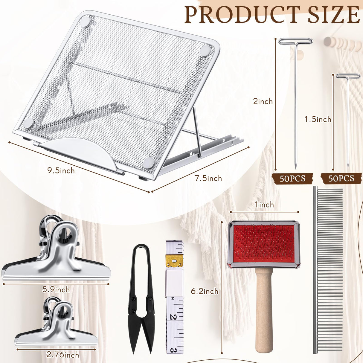 Tandefio 108 Pcs Macrame Supplies Include Macrame Board Metal Adjustable Holder with 100 T Shaped Pins Double Sided Grids Bracelet Making Board with Brush Scissor Ruler for Braiding Bracelet Creating Tandefio