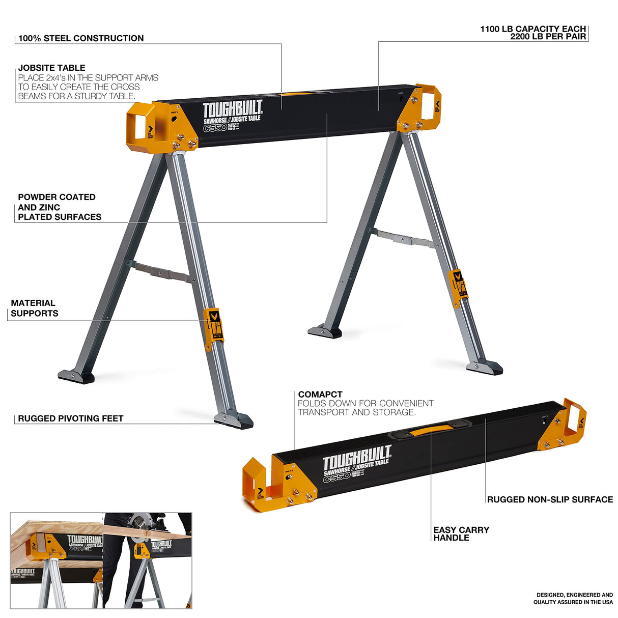 ToughBuilt - Folding Sawhorse/Jobsite Table - Sturdy, Durable, Lightweight, Heavy-Duty, 100% High Grade Steel, 41.5-Inch Easy Carry Handle - (TB-C550) ToughBuilt