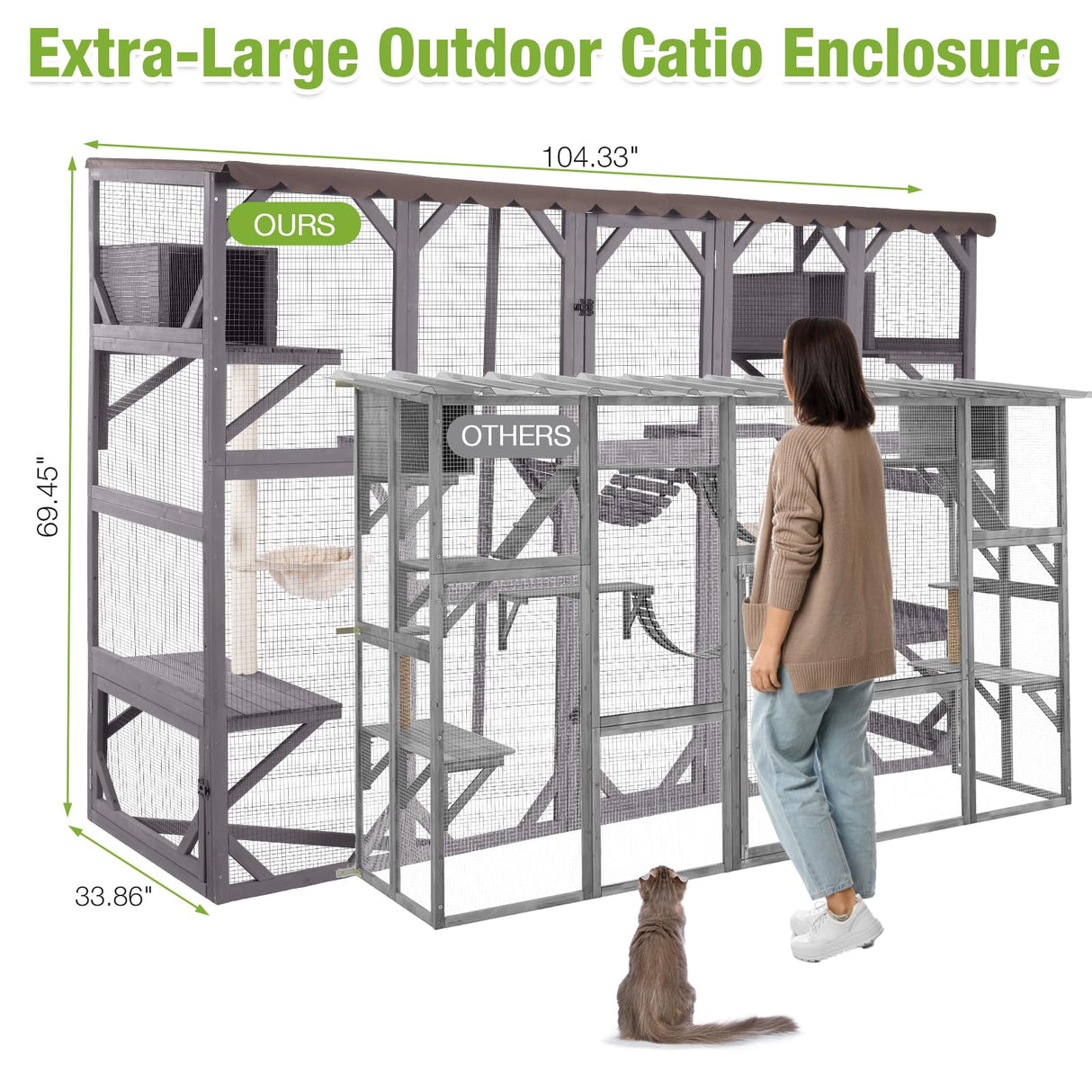 GUTINNEEN Extra-Large Catio, 104" Wall-Mounted Outdoor Cat Enclosure - Cat House Window Box Walk-in Cat Kennel Shelter with Weatherproof Roof, 2 Scratching Posts, 2 Hammocks & Bridge for 6-8 Cats GUTINNEEN