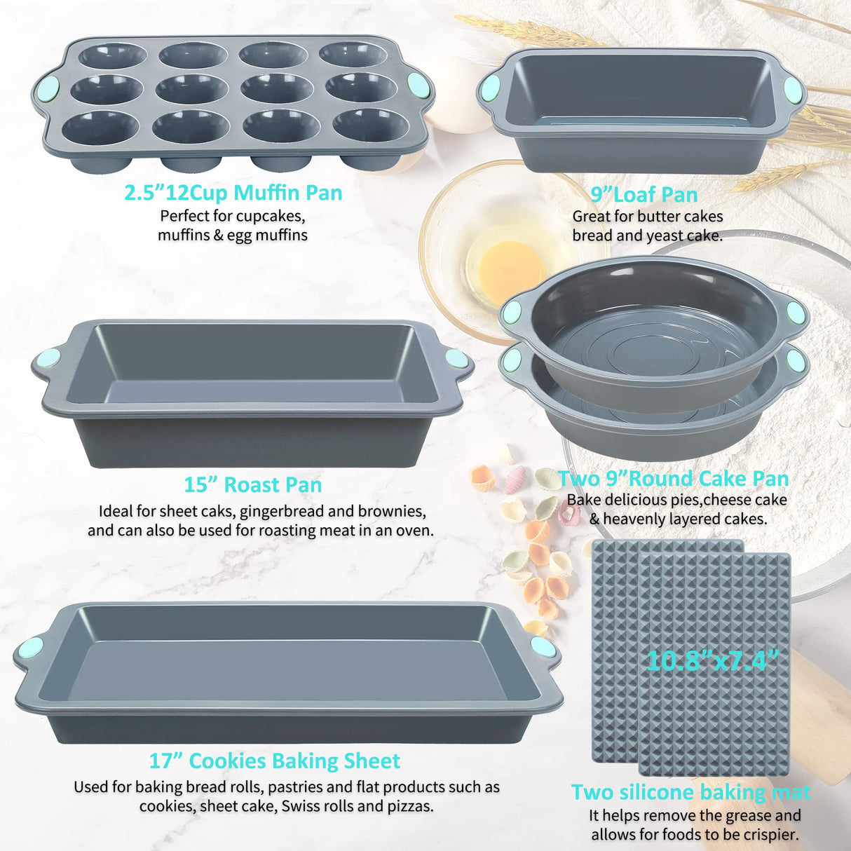 To encounter 8 in 1 Silicone Baking Set - 6 Silicone Molds - 2 Silicone Baking Mat, Nonstick Cookie Sheet, Cake Muffin Bread Pan with Grips and Metal Reinforced Frame More Strength, Light Grey To encounter