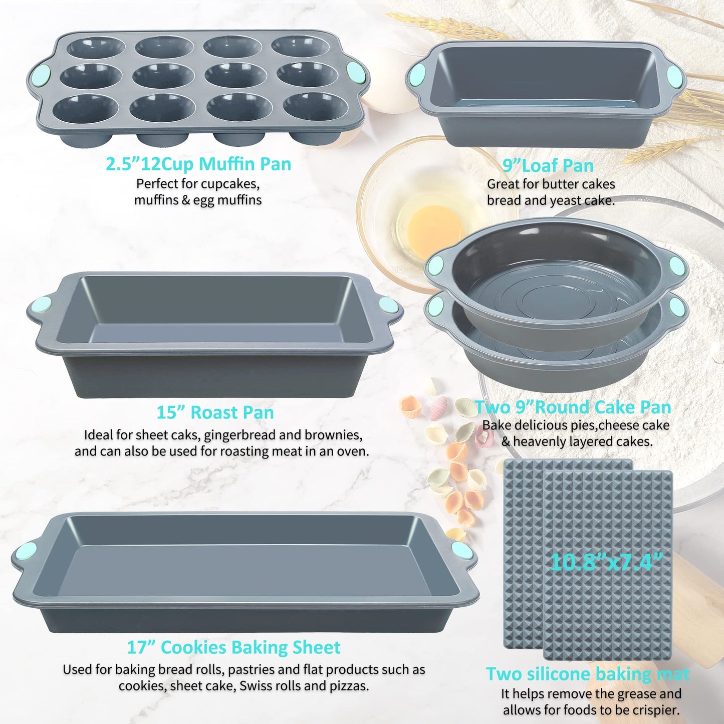 To encounter 8 in 1 Silicone Baking Set - 6 Silicone Molds - 2 Silicone Baking Mat, Nonstick Cookie Sheet, Cake Muffin Bread Pan with Grips and Metal Reinforced Frame More Strength, Light Grey