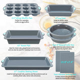 To encounter 8 in 1 Silicone Baking Set - 6 Silicone Molds - 2 Silicone Baking Mat, Nonstick Cookie Sheet, Cake Muffin Bread Pan with Grips and Metal Reinforced Frame More Strength, Light Grey To encounter