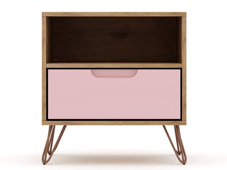 Manhattan Comfort Rockefeller Nightstand with Drawer and Cubby, Mid Century Modern Bedside Table, Minimalist Display and Storage Organizer, Ideal for Bedroom and Living Room, Nature/Rose Pink Manhattan Comfort