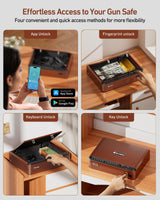 BILLCONCH Smart Gun Safe with Security Cable - Biometric Gun Safe for Handgun 4 Ways Quick Access with Fingerprint/Keypad/Key/APP Lock for Bedside Home Car with LCD/Voice Guide - Brown BILLCONCH