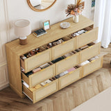 HUAHUU 9 Drawer Dresser for Bedroom, 60 Inch Long Dressers & Rattan Chest of Drawers, Large TV Stand for 55, 65, 70 Inch TV, Boho Style, Modern Dresser for, Living Room, Entryway, Bedroom, Natural Oak HUAHUU