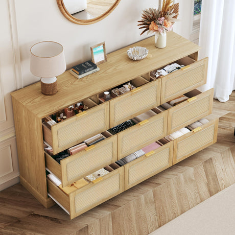 HUAHUU 9 Drawer Dresser for Bedroom, 60 Inch Long Dressers & Rattan Chest of Drawers, Large TV Stand for 55, 65, 70 Inch TV, Boho Style, Modern Dresser for, Living Room, Entryway, Bedroom, Natural Oak HUAHUU