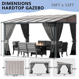 ASJMR 10x12FT Gazebo, Hardtop Wall Mounted Gazebo with Sloping Sun Panel Roof, Awnings for Patio with Metal Frame, Double Curtains for Garden, Lawn, Backyard Deck, Sand ASJMR