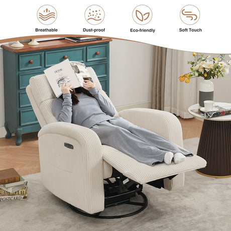 AEMEIOS Power Nursery Swivel Recliner, Electric Rocking Recliner with USB and Type-C Port, Swivel Glider Nursery Recliners for Living Room,Corduroy White AEMEIOS