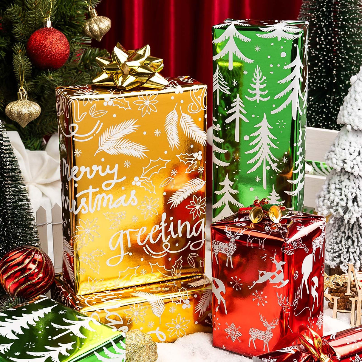 Merture 3 Rolls Christmas Wrapping Paper Set - 17 inch x 120 inch per Roll - Red, Green, Gold Metallic Gift Wrap With Reindeer, Christmas Tree, Snowflake, Dahlia Design Merture