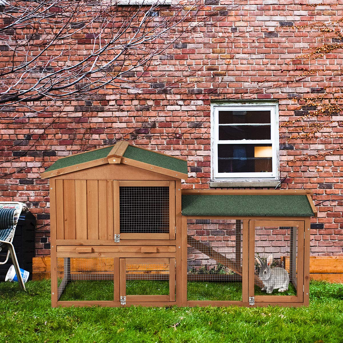 Tangkula Rabbit Hutch Indoor and Outdoor, 58-Inch Bunny Cage with Removable Tray & Ramp, Wood Chicken Coop with Waterproof Roof for Rabbits, Chicken and Guinea Pigs